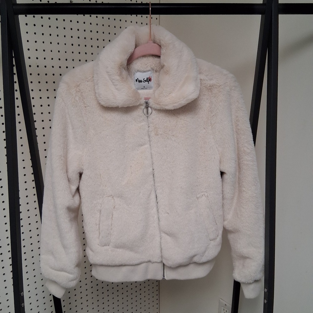 Y2K Mob Wife Cream Faux Fur Full Zip Bomber Jacket Cozy Streetwear Neutrals S